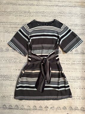 Ann Taylor Dress Women's Size 14 Multicolor Striped Tie Waist Back Zip